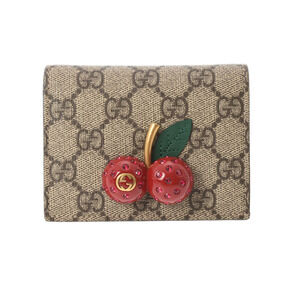 Gucci Cherry Compact Wallet Beige Red GG Supreme Canvas Bifold